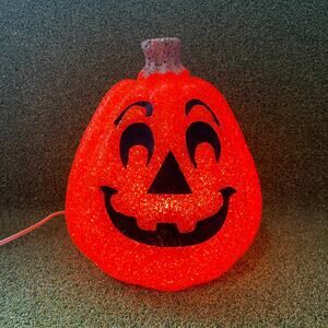Glistening Rubberized 9 1/2" Tall Lighted Orange & Black Halloween Pumpkin